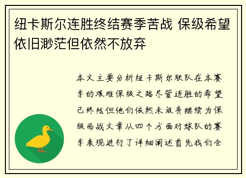 纽卡斯尔连胜终结赛季苦战 保级希望依旧渺茫但依然不放弃