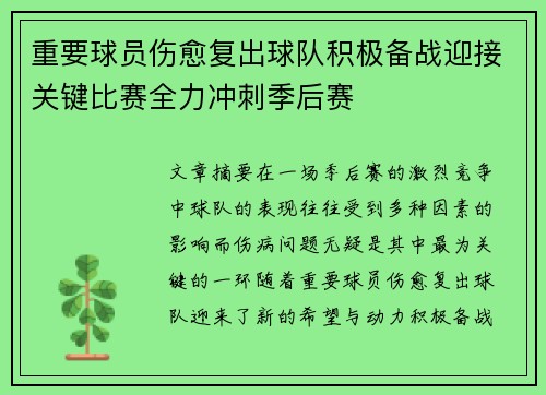 重要球员伤愈复出球队积极备战迎接关键比赛全力冲刺季后赛
